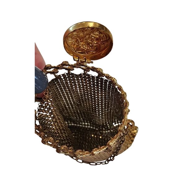 Antique 1930s Gold Chain Maille Mesh Evening Bag Art Deco Cocktail Floral Cap - Picture 8 of 9